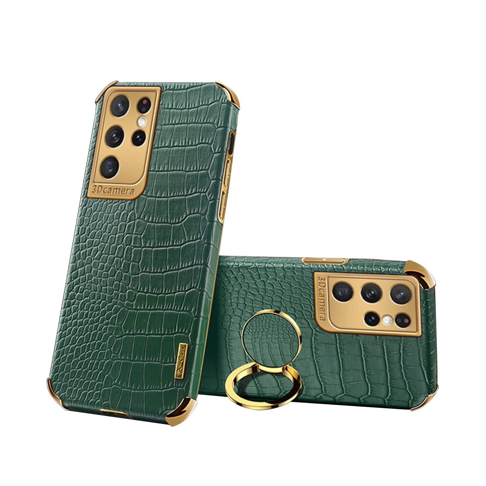 Hhzyt Green Case For Samsung Galaxy S22 Ultra Crocodile Pattern Premium Leather Cover Shockproof Slim Plating Phone Case With Ring Stand Anti Scratch Business Protective Case,,For Samsung S22ultra