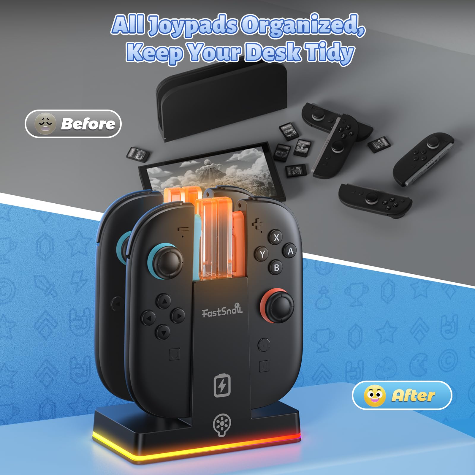 FASTSNAIL RGB Caricatore per Switch 2, Dock di ricarica compatibile con Switch 2 per Joycon 2, Controller accessorio per Switch 2, 9 modalità di luce RGB(NON per Switch 2017/OLED)