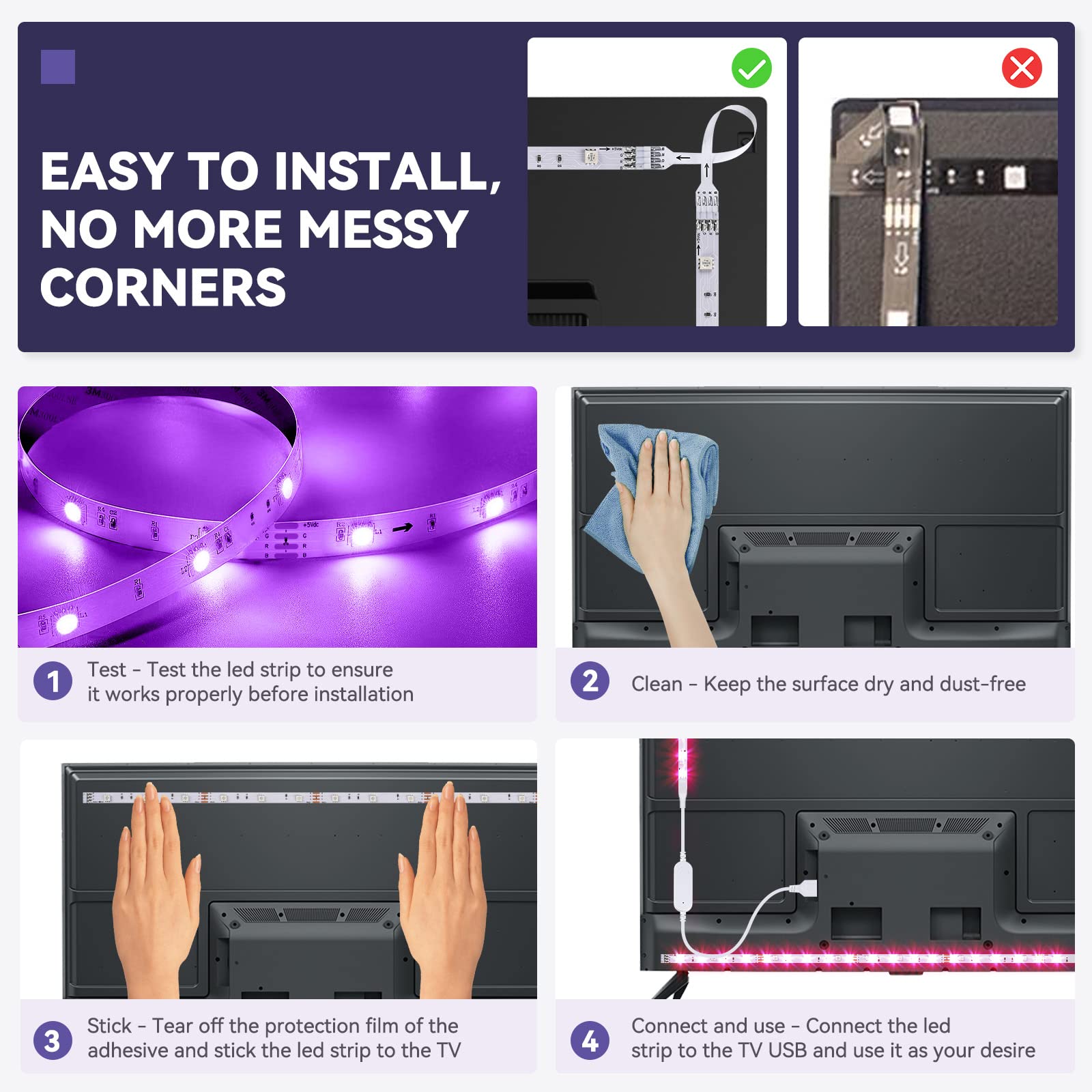 Enteenly Ruban LED TV 2M (4 X 50cm), USB Bande Lumineuse LED 8 Couleurs