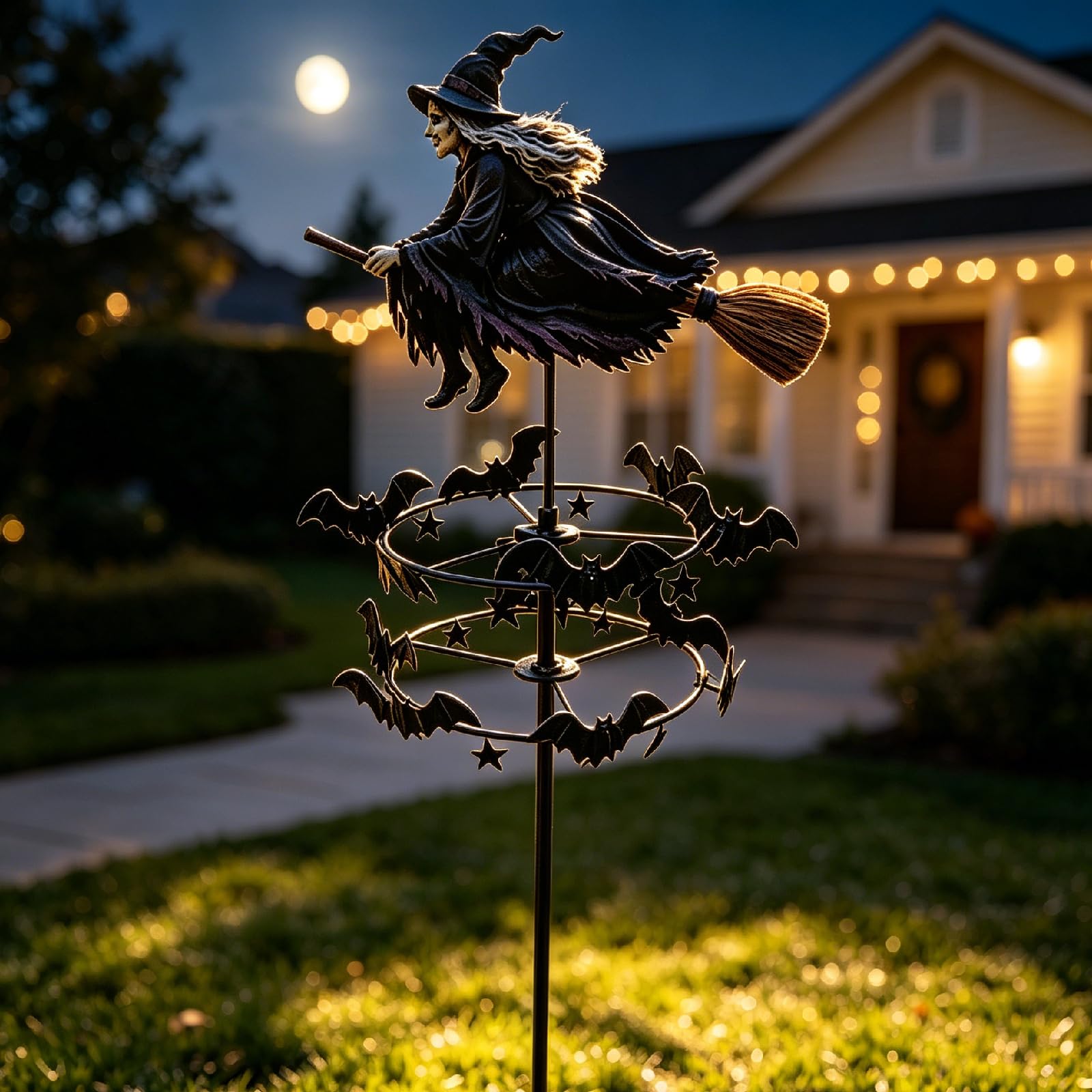Red Witch Garden Wind Spinner, 47In Metal Halloween Yard Art Stake, Enchanted Halloween Decorations Outdoor For Garden Patio Pathway Falldecorations