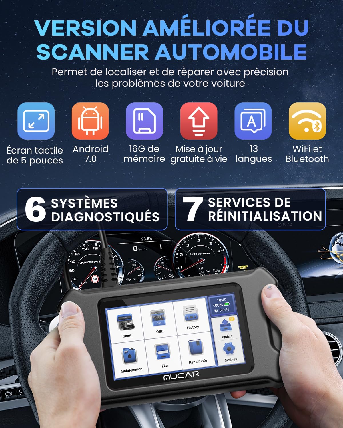 mucar CS6 OBDII Valise Diagnostic Auto, Lecteur de Code de Voiture équipé de 6 Diagnostics du système et 7 Services de Maintenance, contrôle de l'huile + EPB+SAS+TBA+TPMS+ABS+ FAP