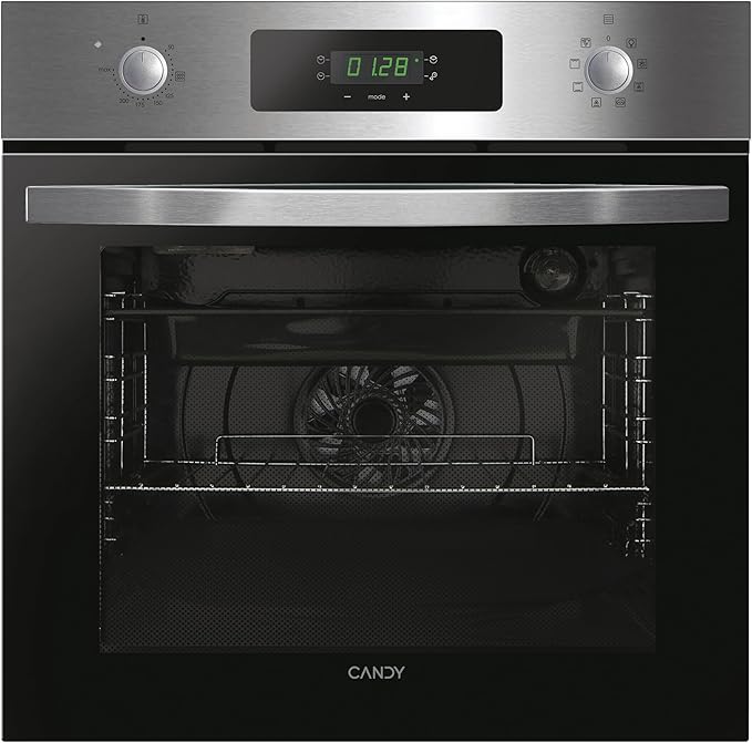 Candy FIDCP X625 L, Horno Multifunción, 70L, Bandeja y Rejilla, Limpieza Aquactiva, Convección + Ventilador radial, 8 Funciones, Display Timer Touch, Mandos Push&Pull, Puerta 2 Cristales, Inox y Negro