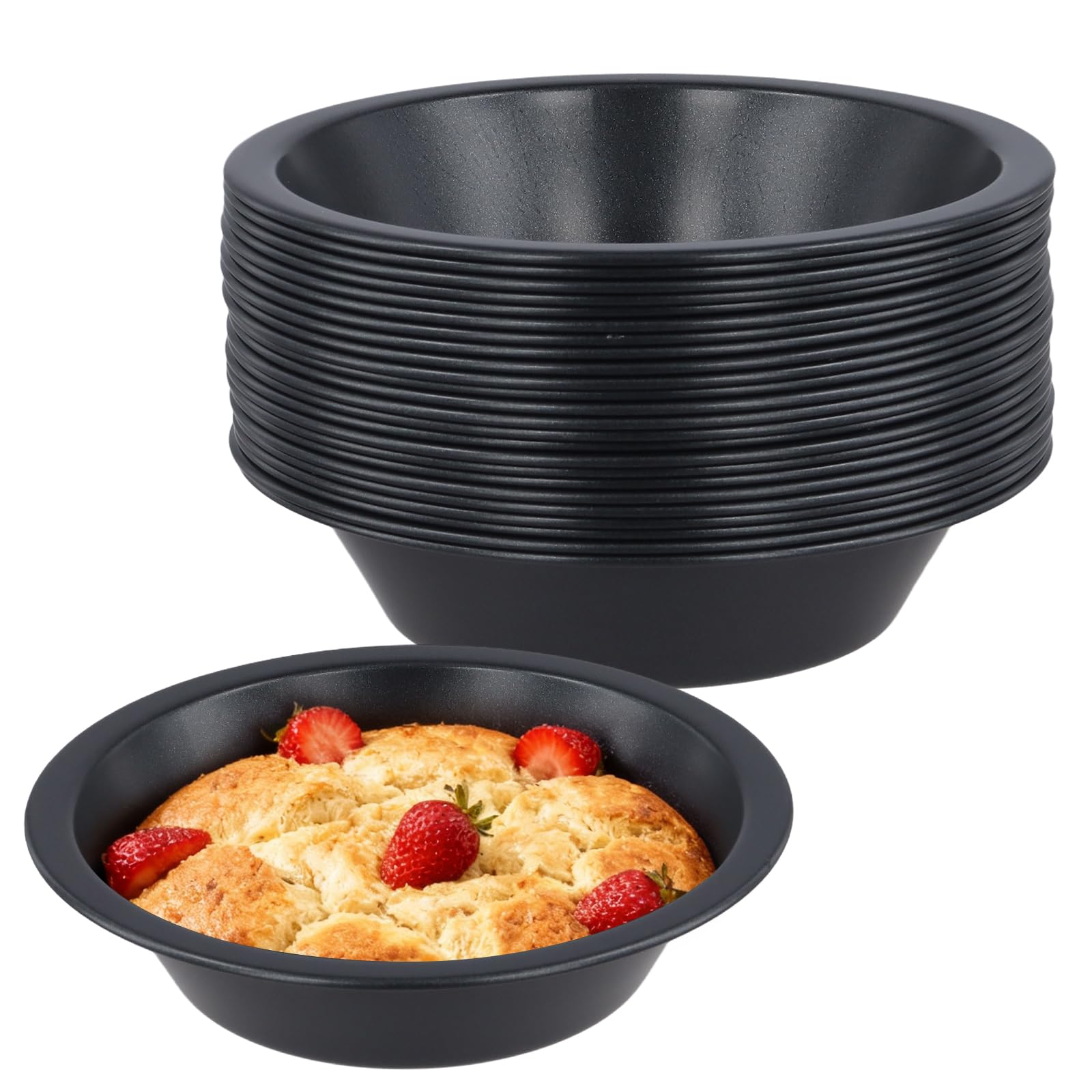 SINJEUN Mini-Kuchenformen, 12,7 cm, Karbonstahl, antihaftbeschichtet, kleine Kuchenformen, rund, einzelne Kuchenformen zum Backen, Kuchen, Brot, Quiches, Torten, Desserts, Schwarz, 24 Stück