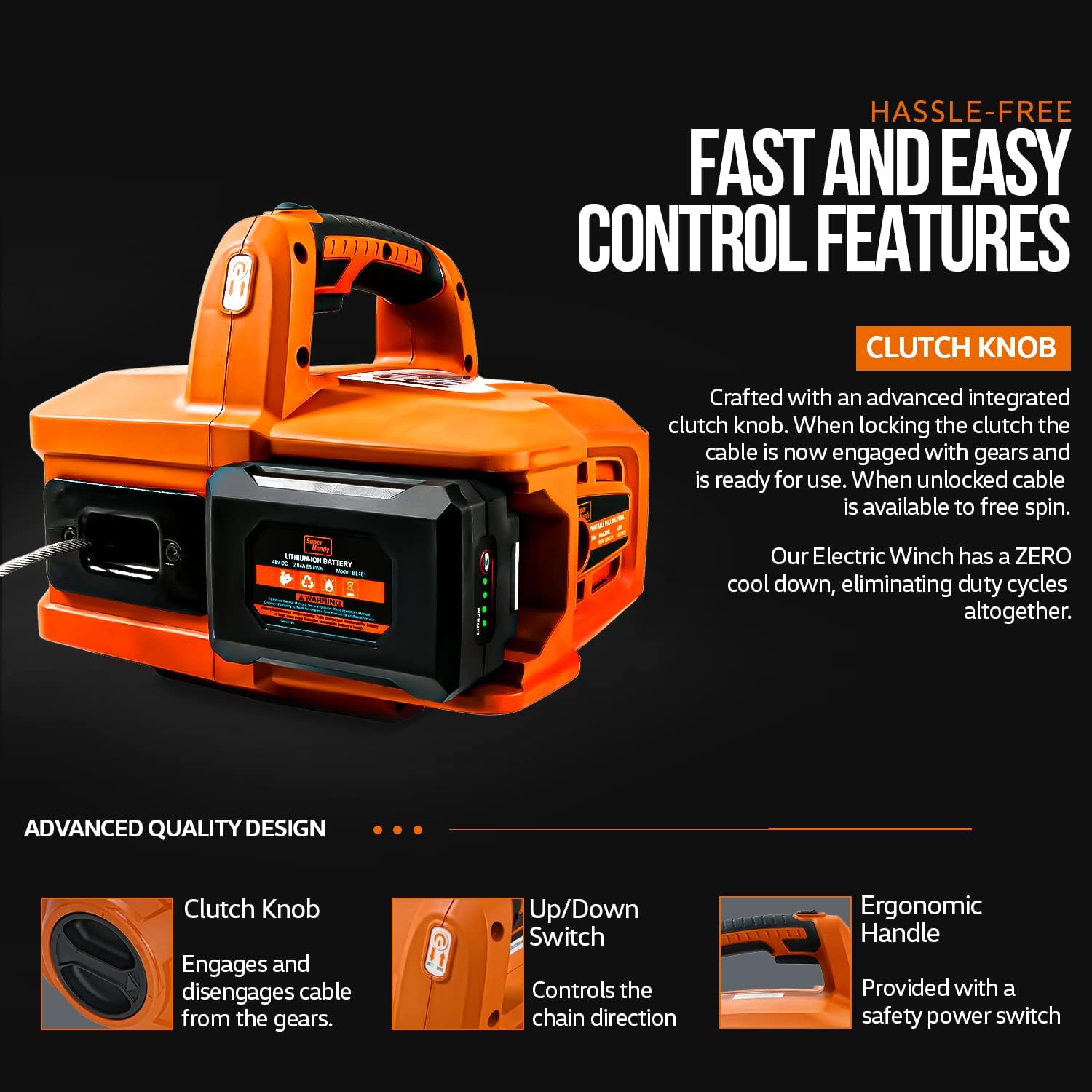 SuperHandy Electric Portable Winch Hoist Crane Lift Brushless Motor Li-Ion Battery Powered 1000Lbs/455Kgs Max Weight 20' Feet/6m Steel Braided Cable w/Locking Knob for atv truck boat trailer : Industrial & Scientific