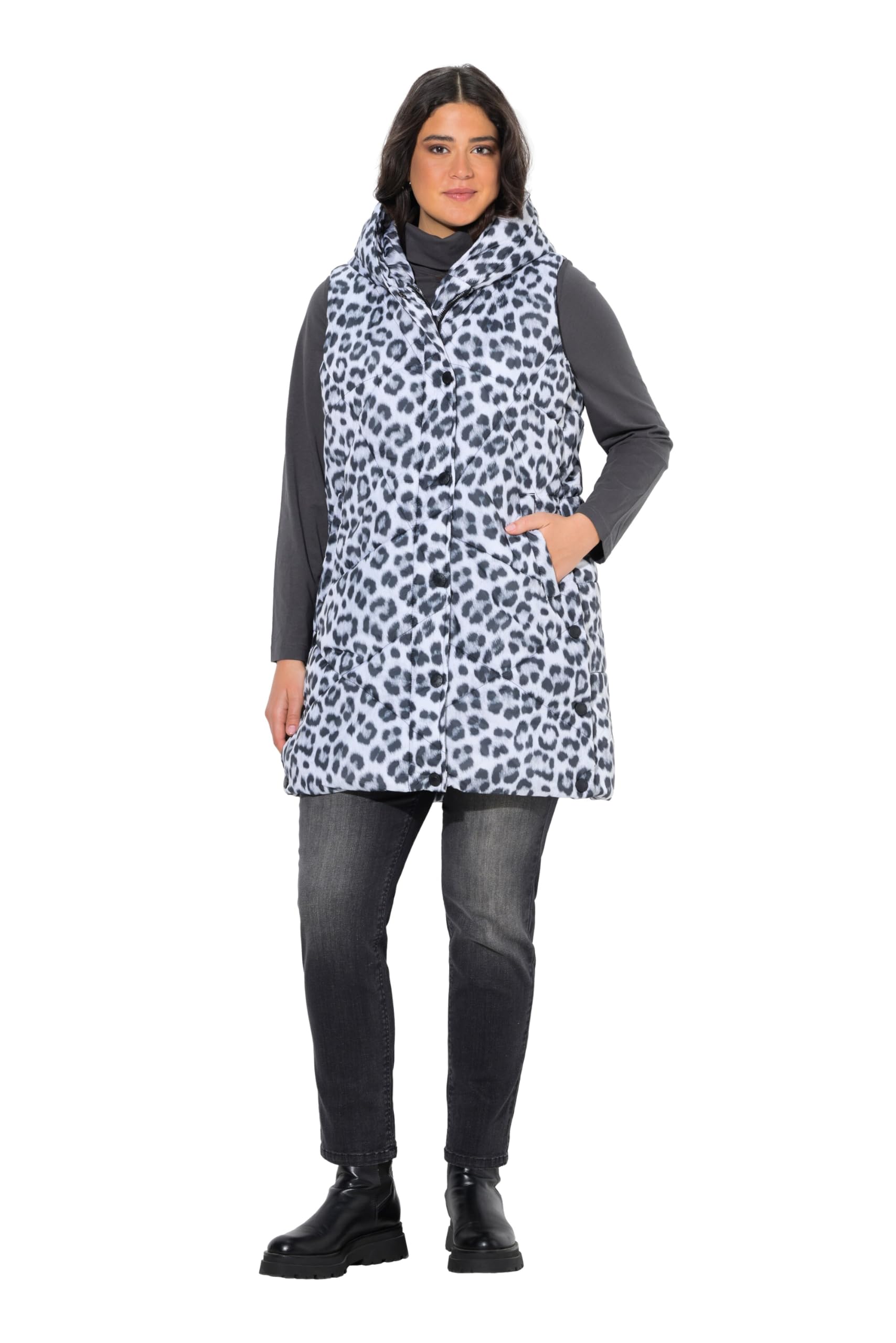 Ulla Popken Damen große Größen Übergrößen Plus Size HYPRAR Long-Steppweste mit Druck, wasserabweisend 838435