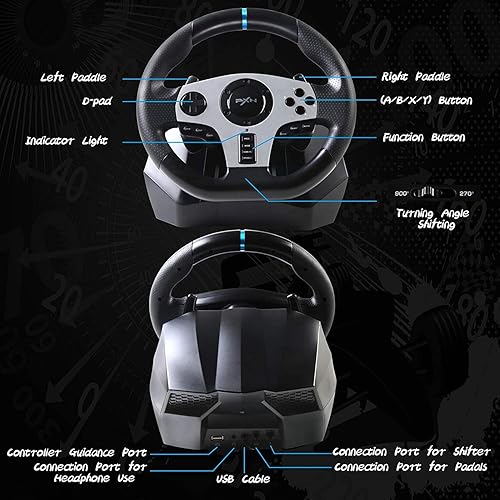 Miniatura 2 de PXN Volante de carreras de juegos V9 de 270900 ajustable con embrague y palanca de cambios compatible con vibración y función de auriculares