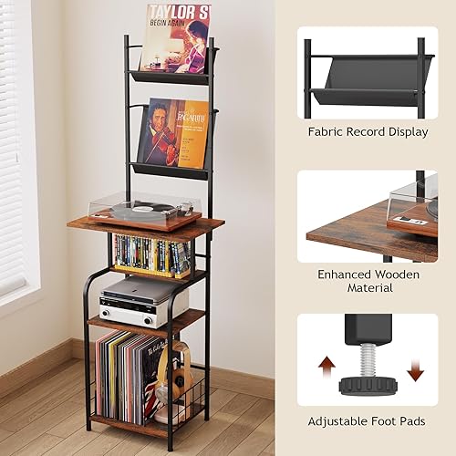Miniatura 6 de Soporte para tocadiscos con almacenamiento de vinilo, mesa giratoria de 6 niveles con patas ajustables, gabinete de metal y madera, estante