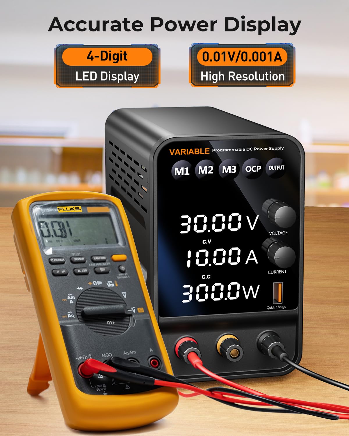 Alimentatore da banco, 0-30V 0-10A Encoder Alimentatore da Laboratorio Regolabile, Display LED a 4 Cifre, Porta di Ricarica 5V/3.6A USB, Interruttore di Uscita, Manopola Encoder
