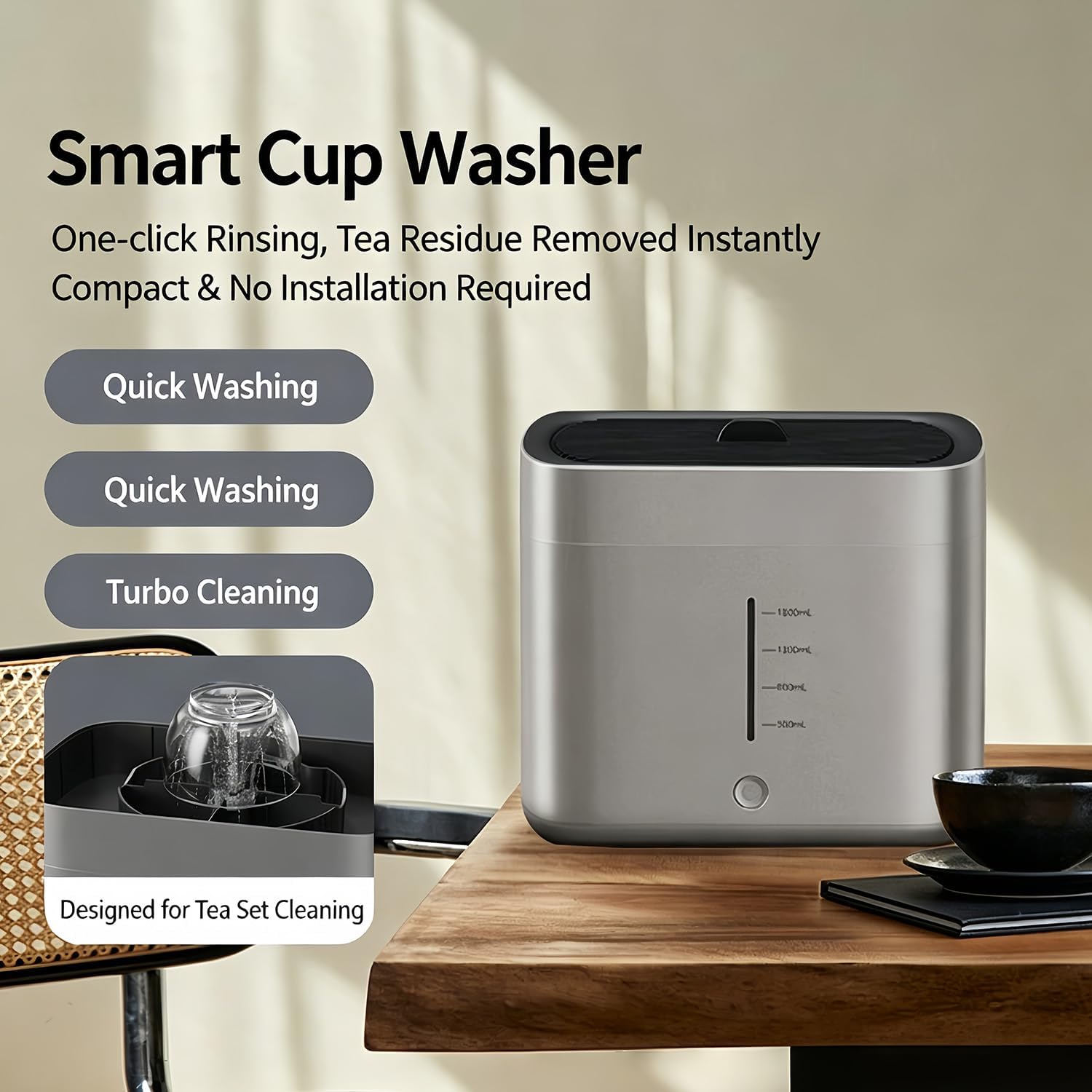 Electric Glass Rinser Tea Cup Washer,Desktop Automatic Cups and Bottles Washing Machine with 1.6L Water Tank, High Pressure Jets for 3-10cm Diameter Cups for Home, Bar & Coffee Shop (Black)