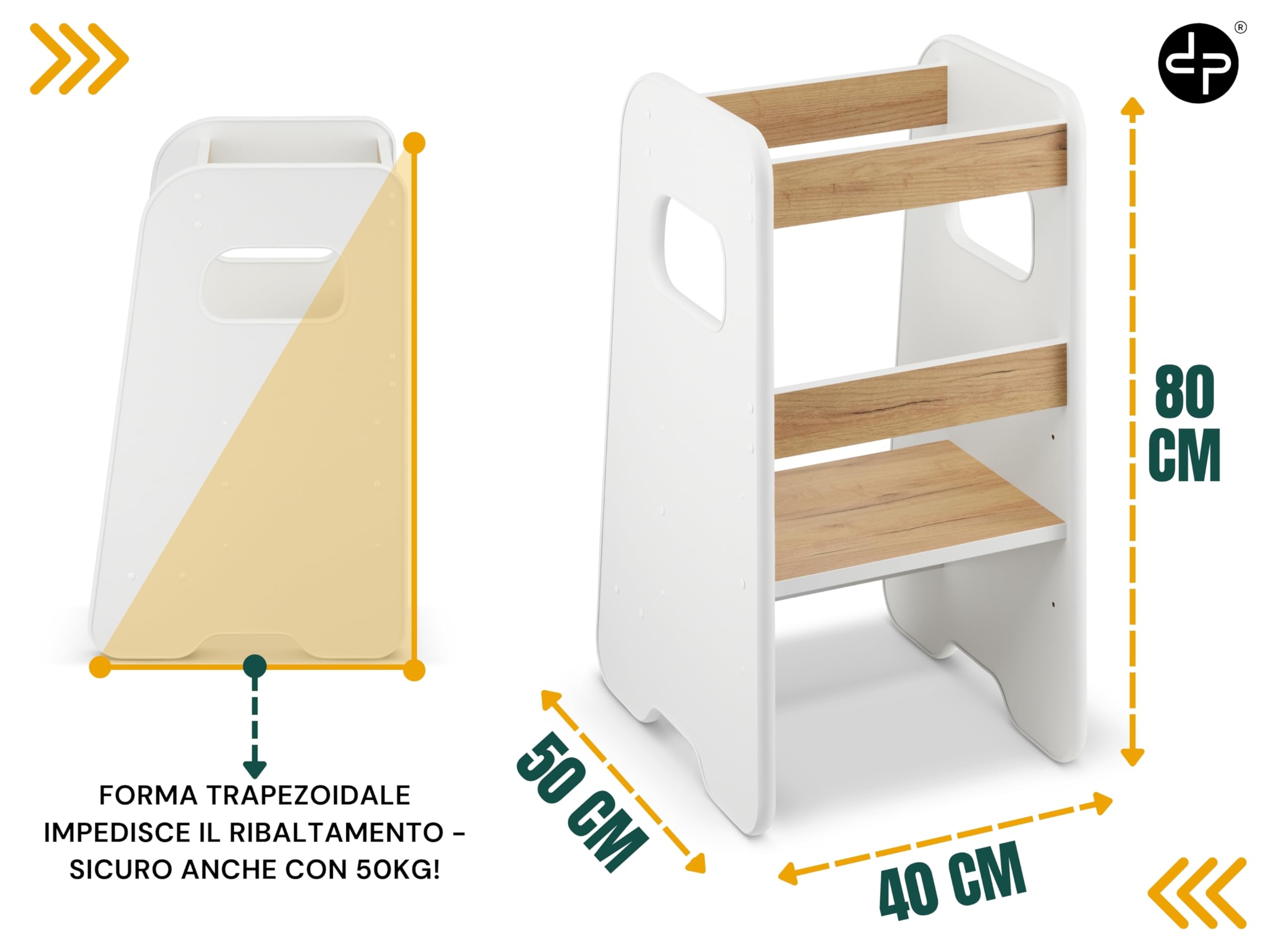 Torre Montessoriana bambini 1 anno Altezza regolabile 3 livelli Sgabello cucina Learning tower Bianco & Rovere