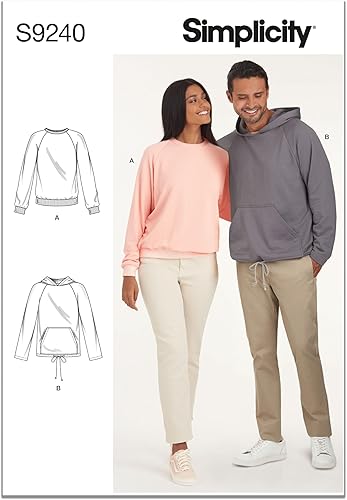 Simplicity Patrón de costura S9240 Raglan Pullover Shirts SS9240A Unisex TOPVest XS-S-M-L-XL, Blanco