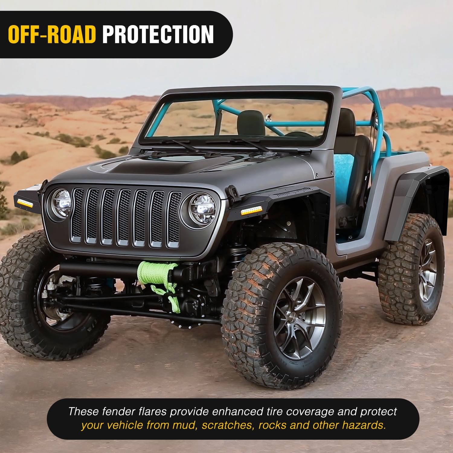 Nilight JL JLU Wide Flat Front & Rear Fender Flares for 2018-2025 Jeep Wrangler JL&JL Unlimited 2/4Doors (No fit 2020+ Gladiator JT) 4Pcs Off-Road Wheel Fenders w/LED Lights Turn Signal Lights DRL