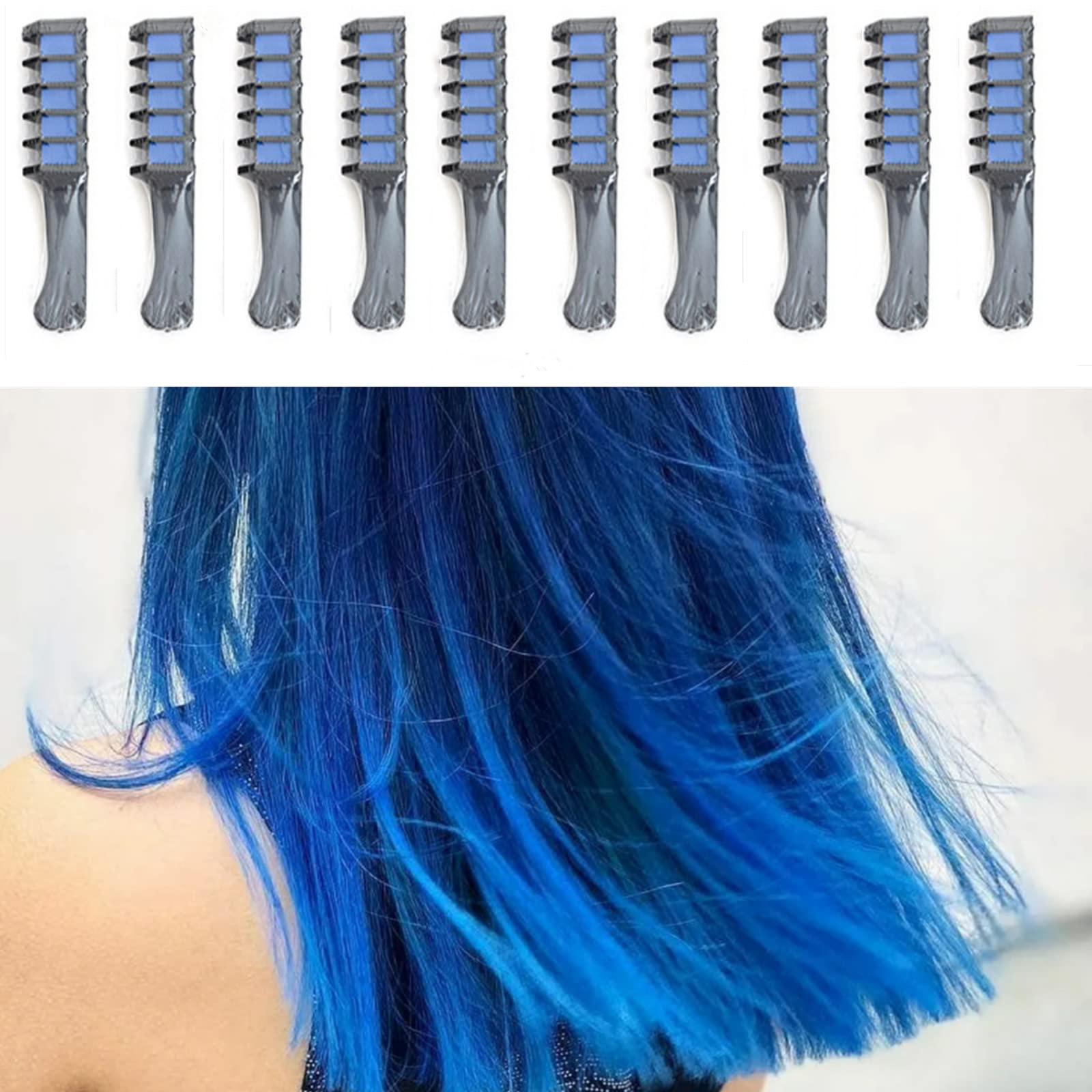 Photo 1 of 3 pack - MOKILY 10 Pcs Hair Chalk Comb Pens-New Hair Chalk Comb Temporary Bright Washable Hair Color Dye-Gifts Toys for Birthday Party,Easter,Christmas,Halloween,DIY Cosplay Dress Up (blue 10pcs)