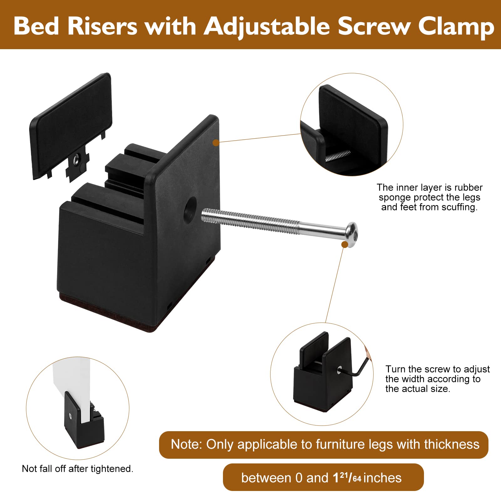 ANZIUS Heavy Duty Clamp Bed Risers - Adjustable Furniture Lifts, 2 Inch Lift, Holds Up To 5000 Lbs, Set Of 4