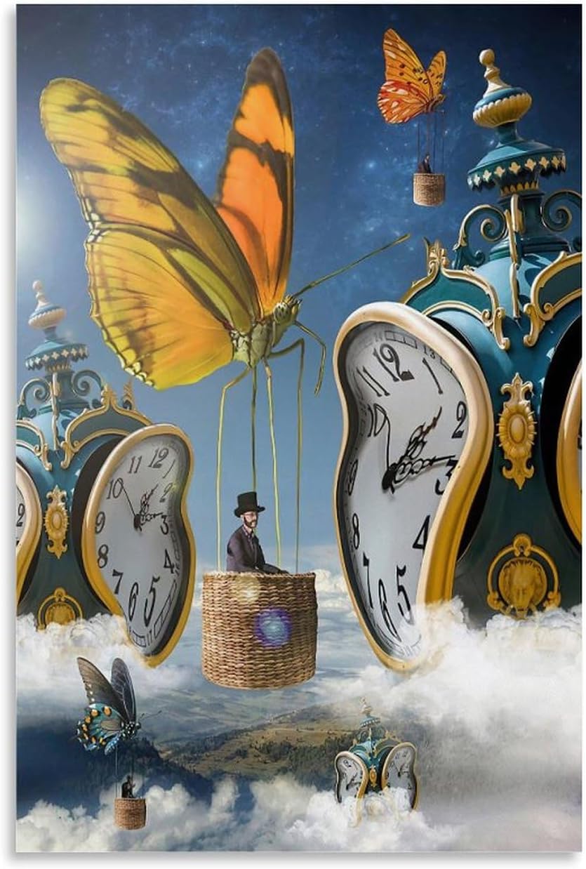 Jkeyfody Surrealism Posters Butterfly Clock Salvador Dali Art Canvas Posters Decorative Room Aesthetic Bedroom Wall Art Poster Office Home Modern Hanging Picture 24x36inch(60x90cm)