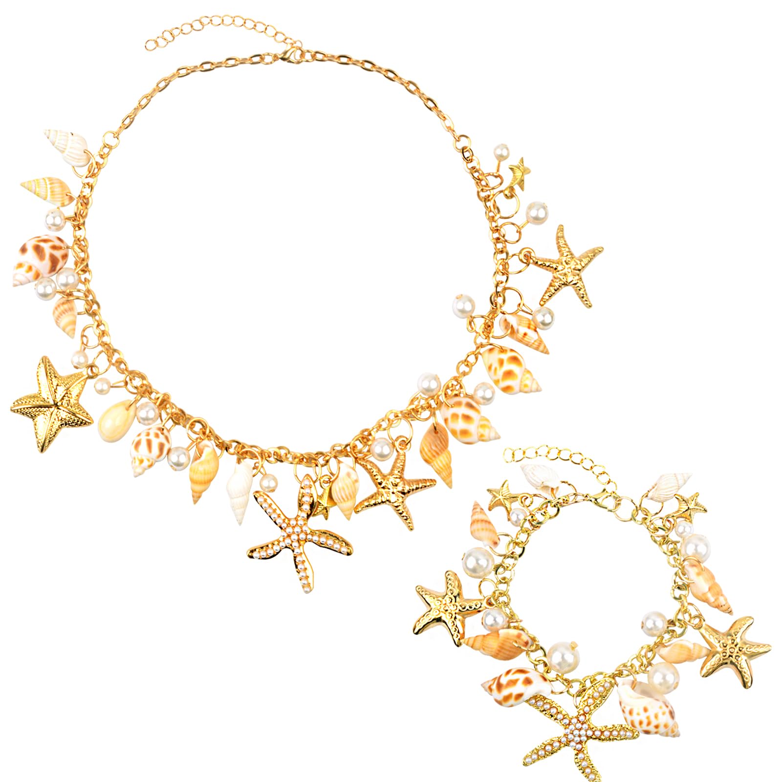 AGNURCADE 2pcs Shell Starfish Necklace Bracelet for Women Faux Pearls Conch Statement Adjustable Chunky Necklace Mermaid Tail Bracelet Jewelry Set