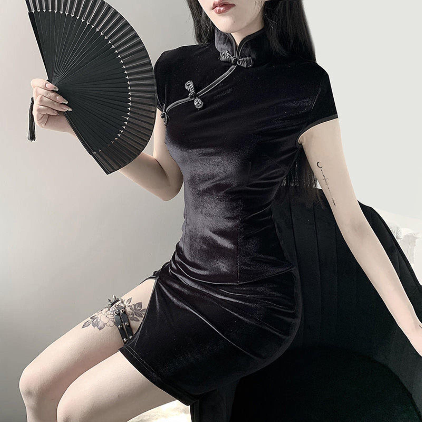 Vestido Cheongsam Qipao Para Mujer - Manga Corta, Ajustado, Tela Suave, Color Azul | NFYM Estilo Tradicional Chino