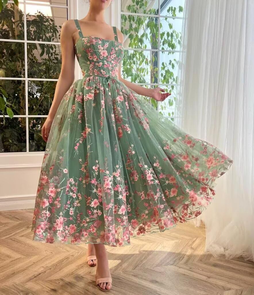 A-line Flower Tulle Prom Dress for Women, Square Neck Spaghetti Formal Evening Tea Length Party Gowns - Image 4