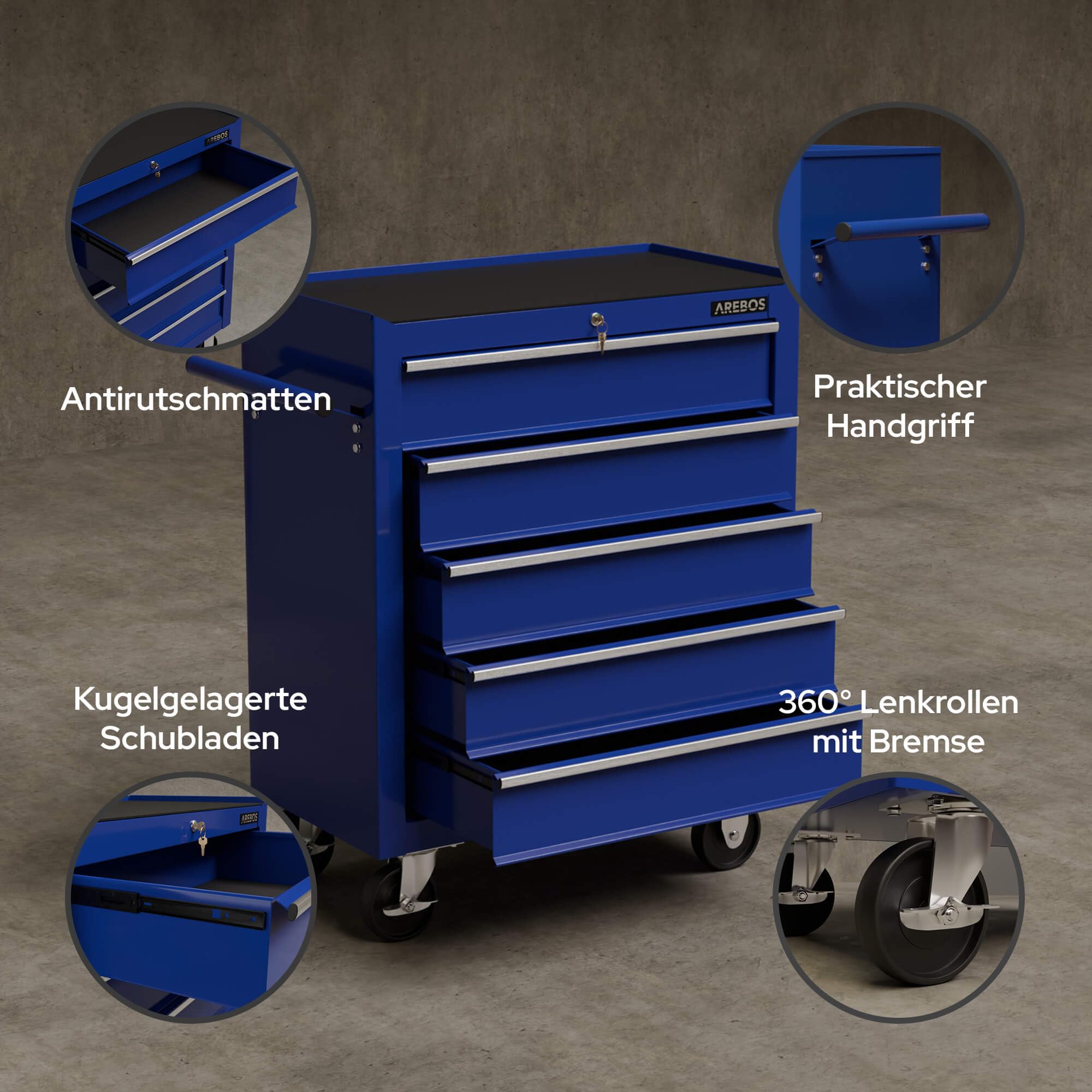 Arebos Werkstattwagen 5 Fächer | Rollwagen zentral abschließbar | kugelgelagerte Schubladen inkl. Antirutschmatten | Werkzeugwagen fahrbar 2 Rollen mit Feststellbremse | Blau