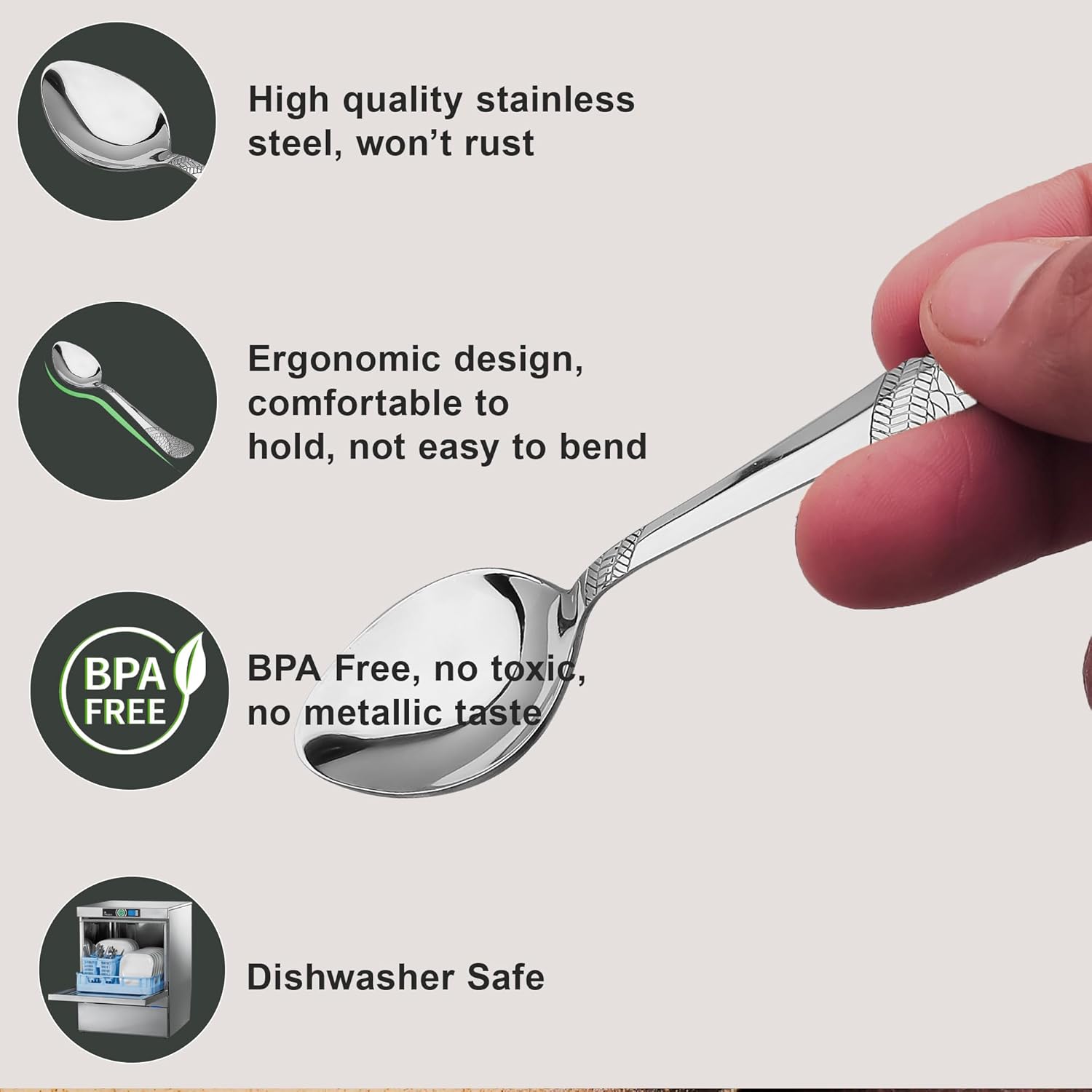 12 Pieces Stainless Steel Cutlery Set, 18.5 cm, Premium Cutlery for Home & Kitchen, Luxury Dining Tableware Gift for House Warming, Silver Moonpress Design (6 Table Spoons & 6 Table Forks)