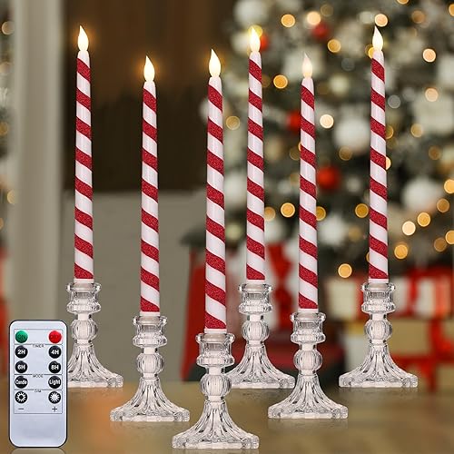 Baquler 6 velas cónicas sin llama de bastón de caramelo que funcionan con pilas, velas LED de Navidad de 10.6 pulgadas con temporizador remoto,