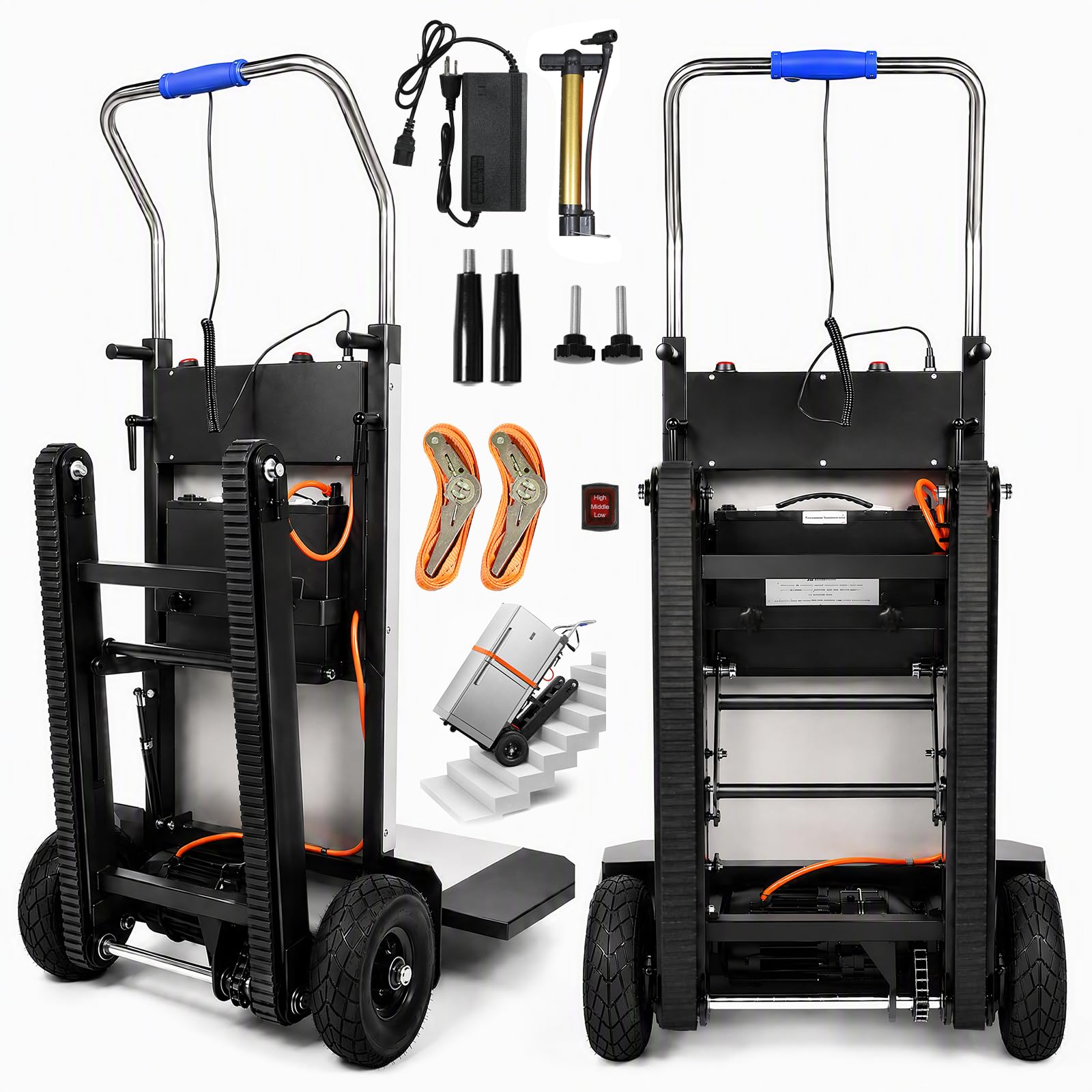 1200W Elektrische Sackkarre mit Gummiketten, Elektrischer Treppensteiger 900lbs Tragkraft, Treppen & Abstiege BewäLtigen, Schwere Treppensteiger mit Sicherheitsseil & Luftpumpe für Möbeltransportieren