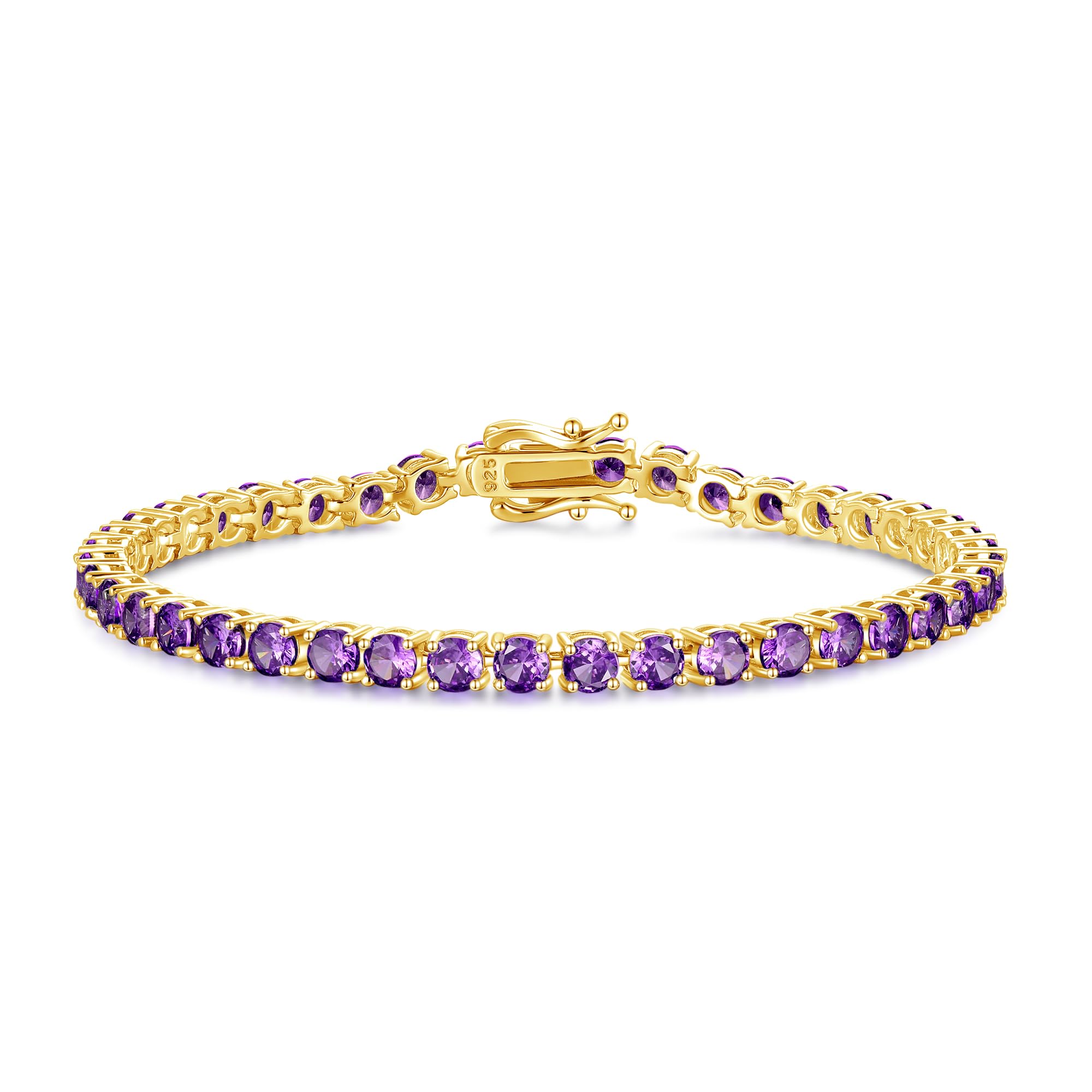 Bracelet Geburtssteinarmband Gold Tennis Armbänder 925 Sterling Silber Fine Schmuck Hochzeit Braut Abschlussball Geburtstag für Frauen, Länge 7,9 Zoll Breite 4mm, mittel, Sterlingsilber, Amethyst