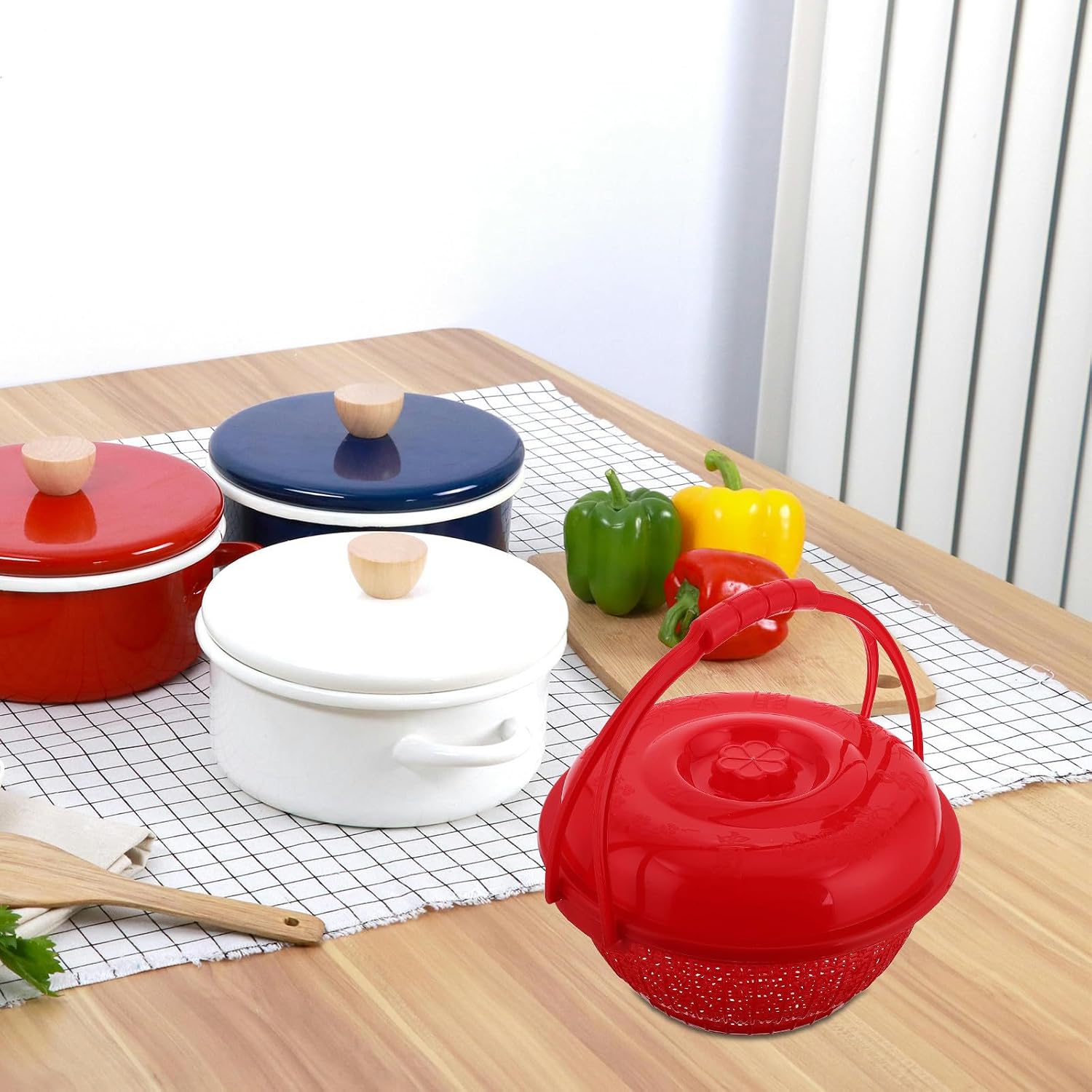 Red Space Saving Plastic Handheld Basket with Convenient Handle Design for Fruit and Egg Storage for Outdoor Use and Strawberry Picking