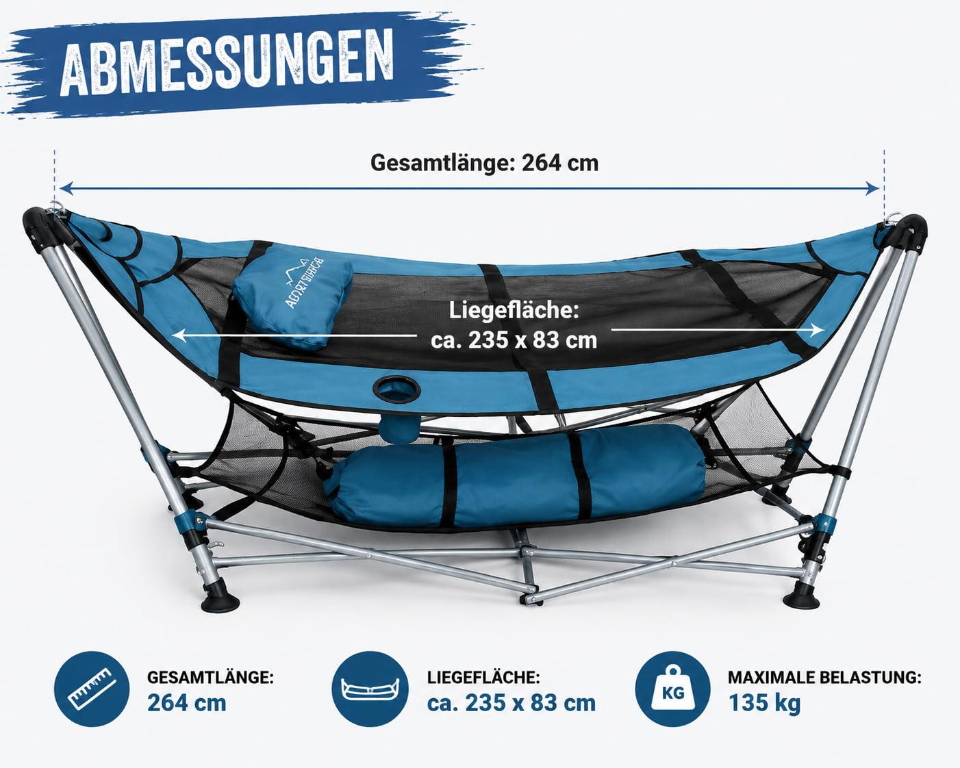Camping Hängematte mit Gestell Klappbar bis 135 kg – Gartenhängematte Tragbar mit Kissen, Getränkehalter & Tasche – Outdoor Hängematte für Garten, Balkon, Terrasse, Camping & Reisen