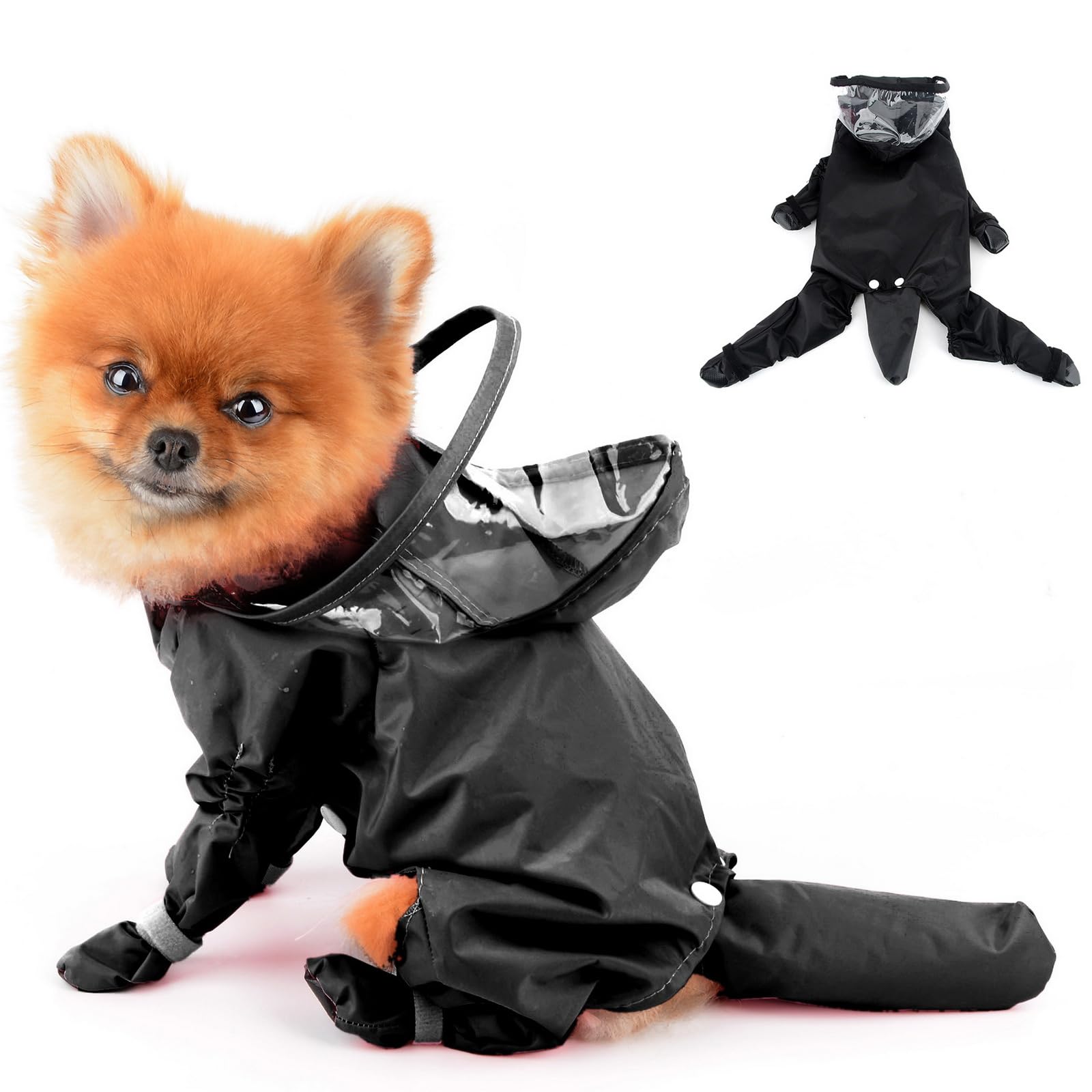PAIDEFUL Small Dog Full Body Coverage Raincoat Solid Four-leg Onesie Rain Jacket Waterproof Hoodie Puppy Clothes Button Lightweight Kitten Apparel, Black, M — image 1