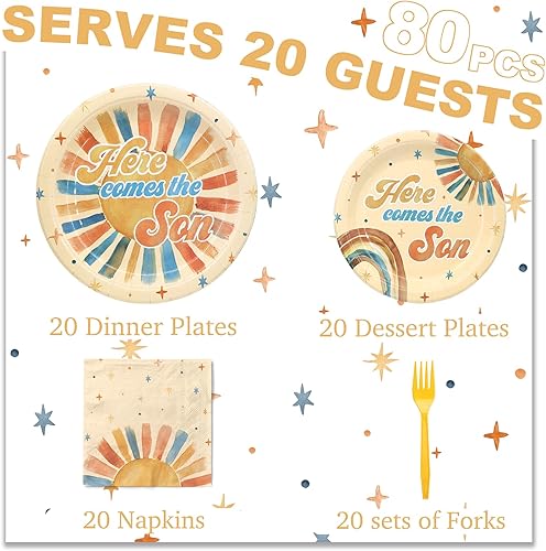 Miniatura 3 de Here Comes the Son - Suministros para baby shower para 20 invitados  Platos boho Sun y Rainbow Platos, servilletas y tenedores  Juego de vajilla