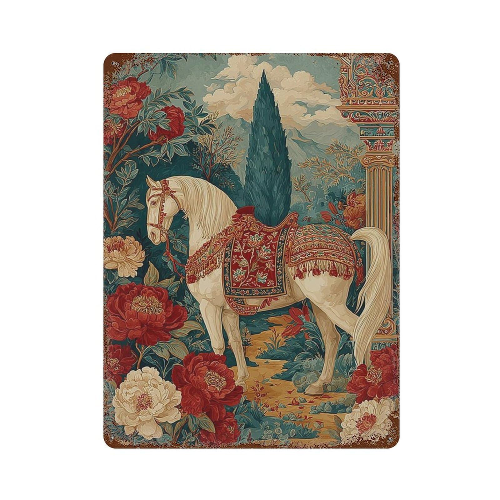 xiaoxiaoshen Horse Tapestry Maximalist Equine Chinoiserie Floral Wall Decor Art Metal Tin Poster Modern Home Decor Art Home Bar Shop Decorations Vintage Sign 40x30cm