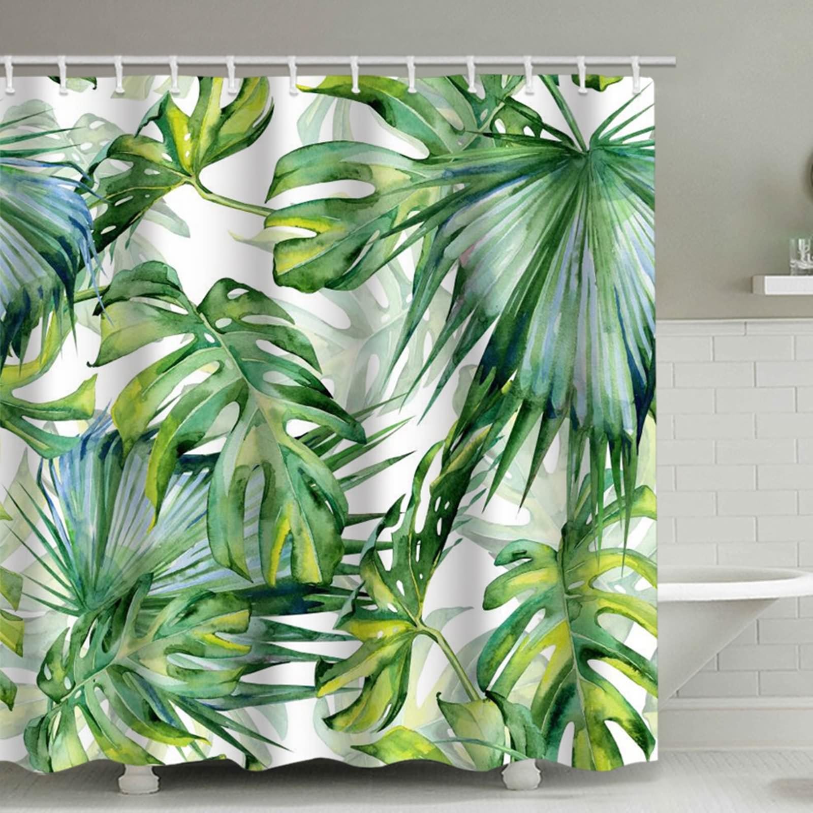 Rideau de douche vert en polyester 180x180cm à motif feuilles tropicales KnSam