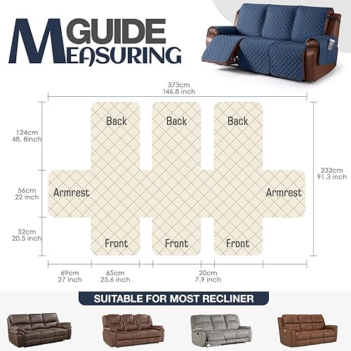 Miniatura 6 de KinCam Funda impermeable para sofá reclinable, funda antideslizante para sofá reclinable de 3 plazas, protector de muebles con correas elásticas