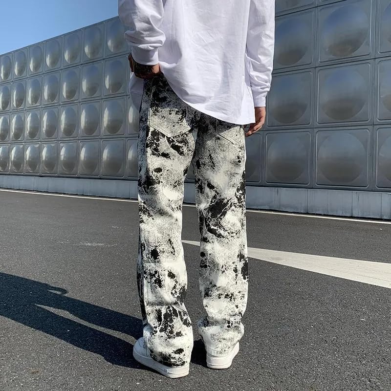 Printed Men Spring Denim Trousers Korean Style Straight Hip Hop Jean Pants4