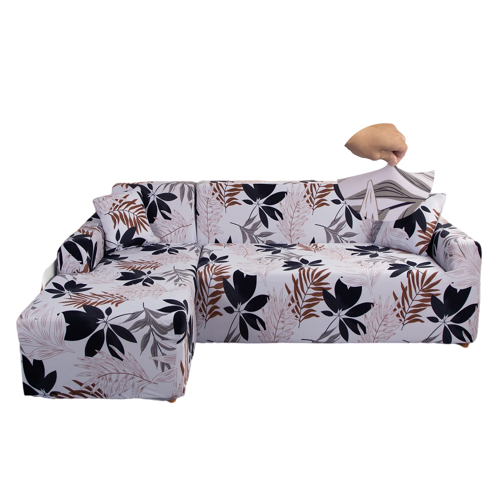 aotto Sofa Cover L Shape Stretch,Spandex L Shape Sofa Cover Right/Left Side Chaise Louge,Couch Covers 2 Piece Washable for Pets,Sofa Corner Slipcovers Furniture Protecto(1+2,White Leaves)