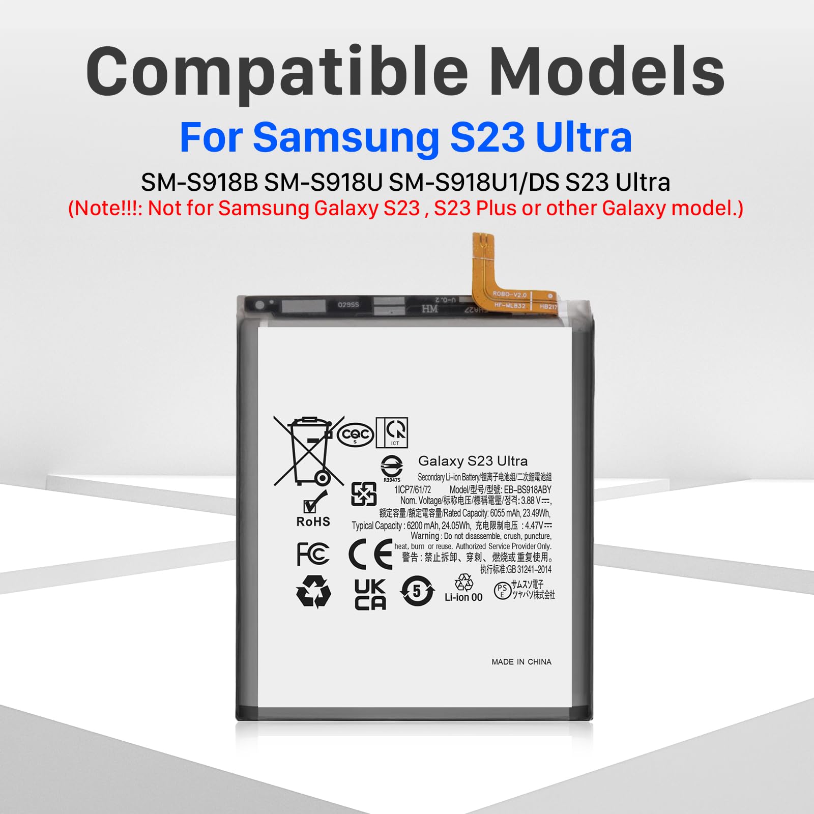 Akku für Galaxy S23 Ultra, 6200mAh EB-BS918ABY Ersatzakku für Galaxy S23 Ultra SM-S918U SM-S918B SM-S918U1 mit Reparaturwerkzeug (Nicht für S23)