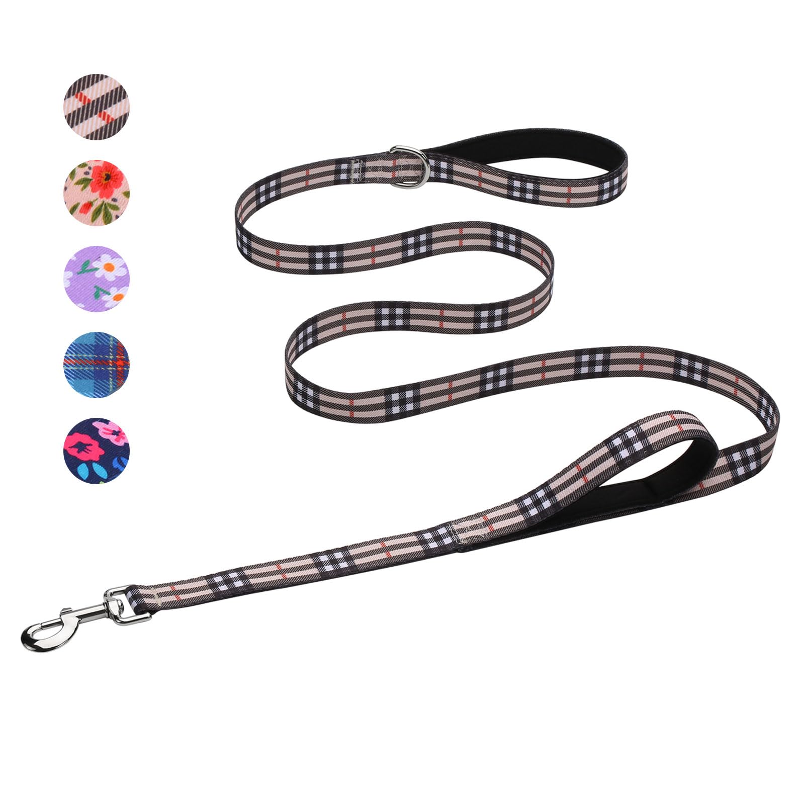 Hikiko Padded Two Handle Dog Leash 6 Ft for Medium Large Dogs, Strong Traffic Handles Lead for Walking Training (Beige Plaid)