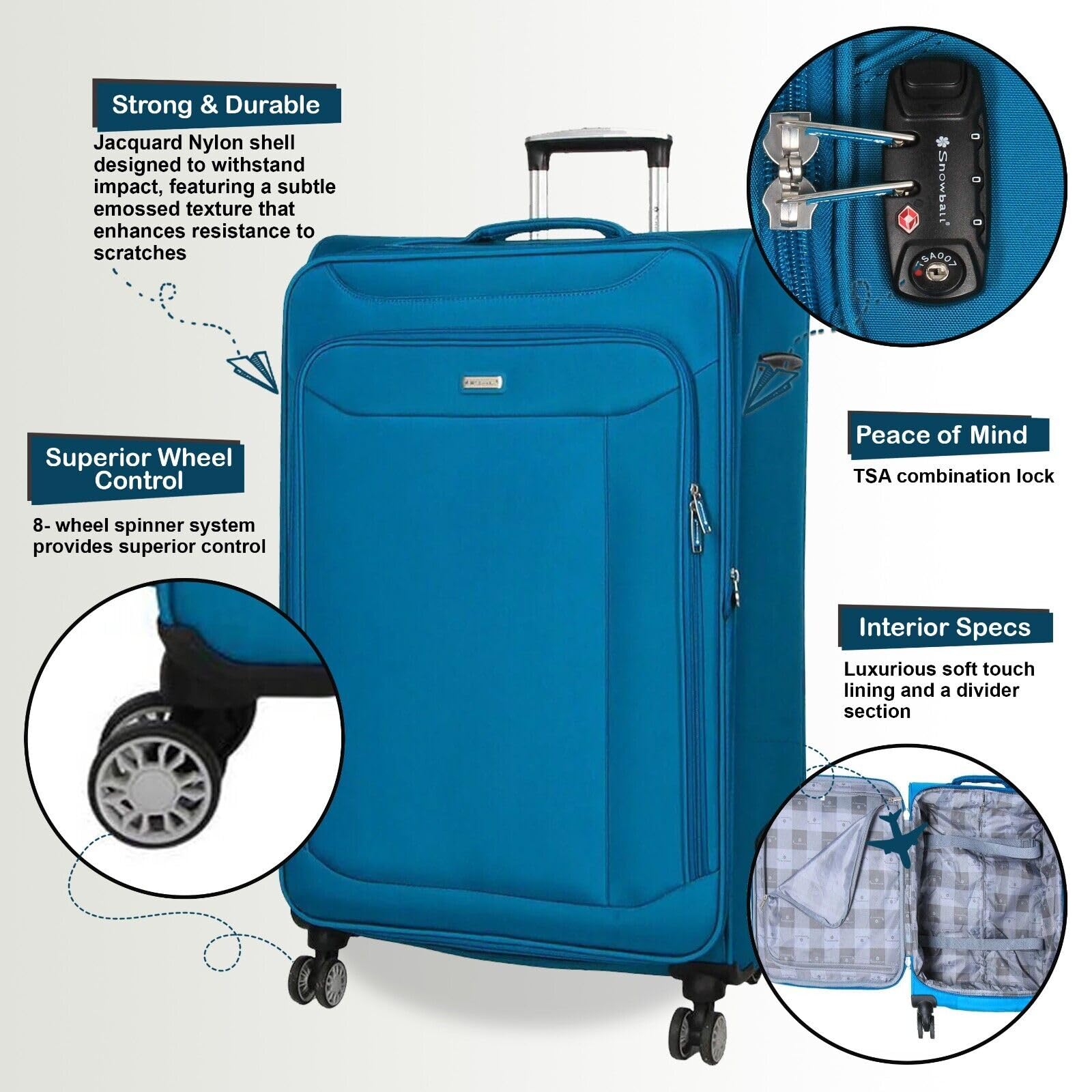 Infinity Leather Lekki zestaw walizek 4-kołowy bagaż kabina podróżna TSA miękka torba, Niebieskozielony, Cabin 21", Bagaż podręczny