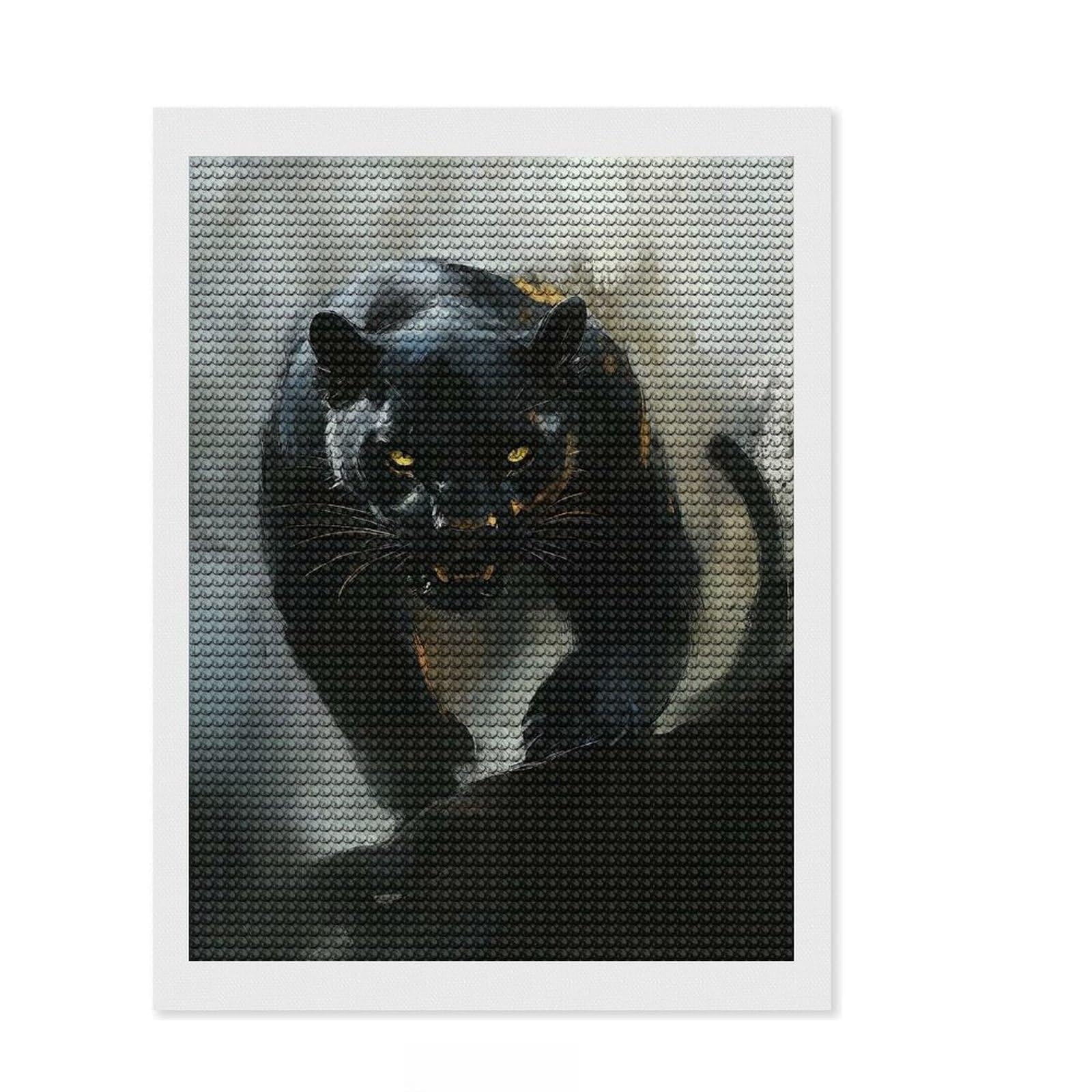 Junmoney Black Panther Portrait Diamond Painting Kit 12"x16", Neat Printed Canvas, Sparkling Round Gems, Fun Craft Experience, Office Decor