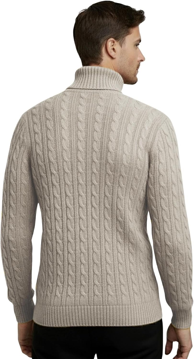 Janisramone® Mens High Polo Roll Neck Jumper, Long Sleeve Cable Knitted Pullover Mens Sweater, Casual Turtle Neck Jumper Stone