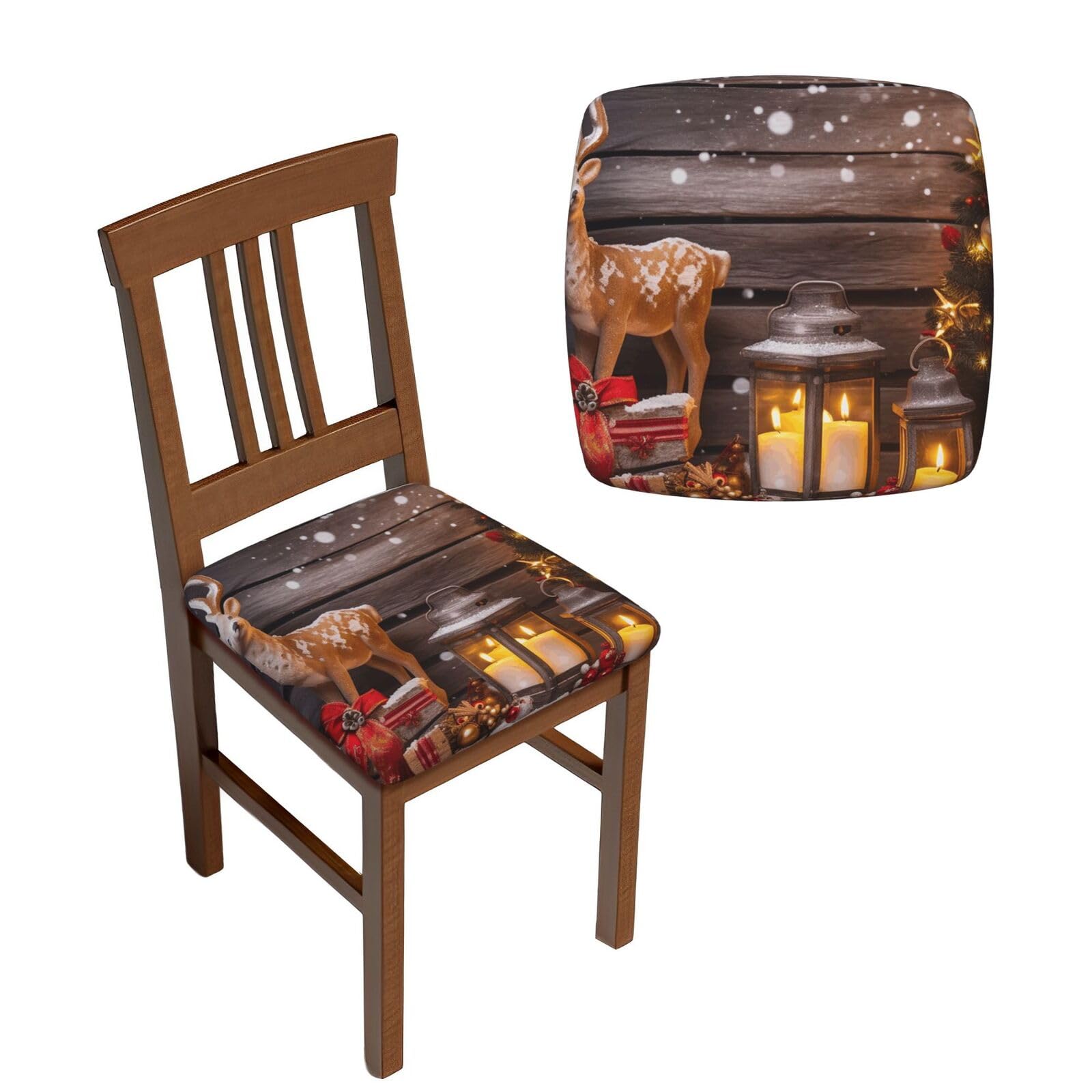 NONHAI 6PCS Dining Chair Seat Covers Set Merry Christmas Candle Deer Stretch Removable Chairs Covers Washable Seat Cushion Slipcovers Protector for Dining Room Kitchen Chairs