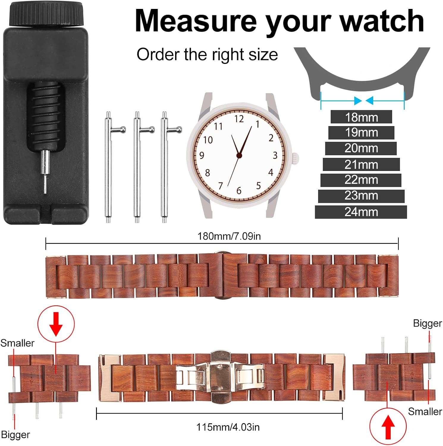Quick Release Watch Band, Natural Wood Watch Band, Choice of Strap Colour and Width 18mm, 19mm, 20mm, 21mm, 22mm, 23mm or 24mm - Image 3