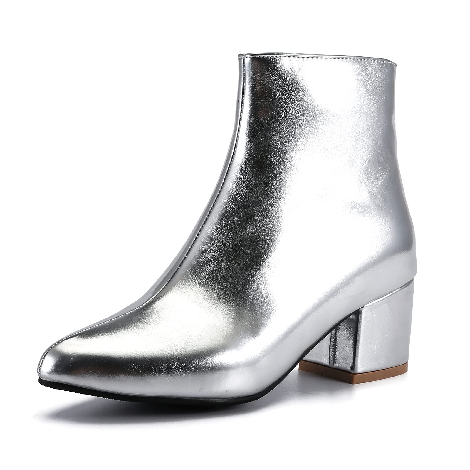 Women's Go Go Boots Ankle Booties Pointy Toe Block Heel Zipper Boot, Silver, 11