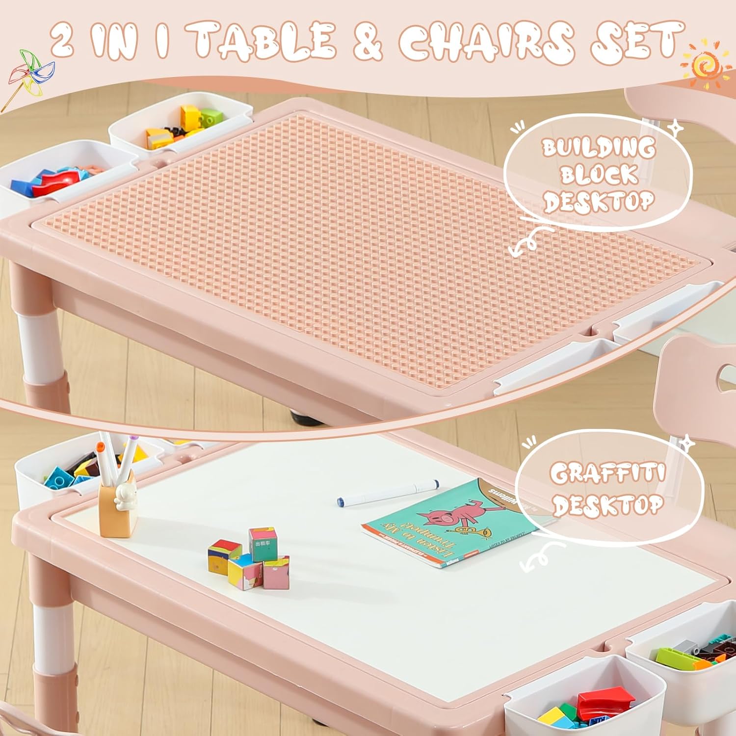 4 in 1 Kids Table and Chairs Set, Toddler Activity Table with Storage, Graffiti & Building Blocks Double-Sided Tabletop, Multi Functional Tables and Chairs for Children Ages 3-6, Pink