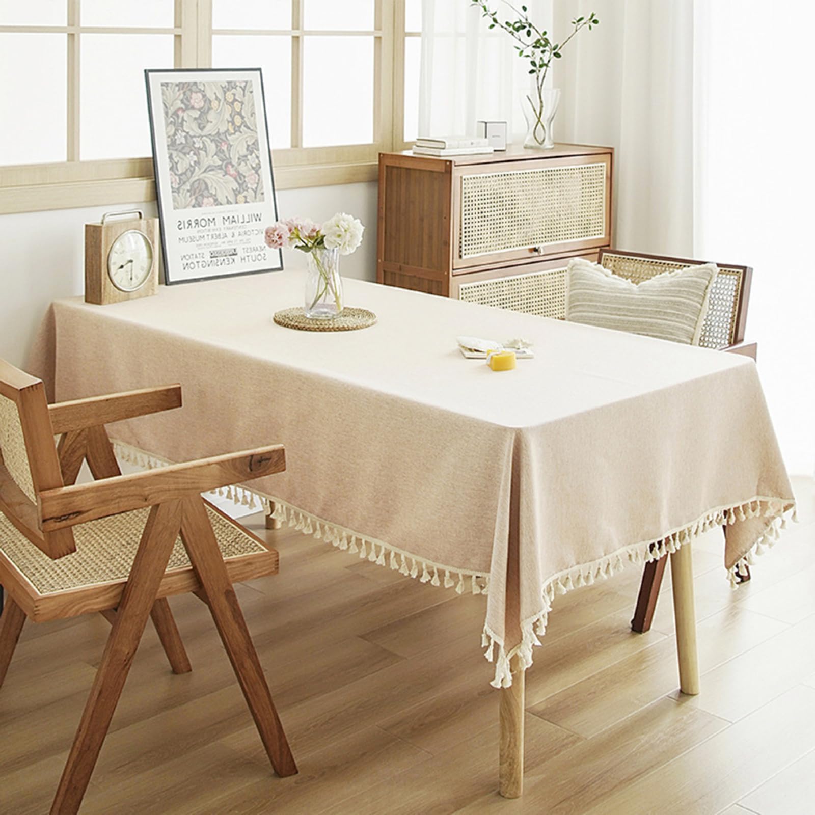 PHLCF Table Cloth Washable Cotton Linen Tassel Tablecloth, Rectangle Wrinkle Anti-Fading Table Cover for Kitchen Dinning Thanksgiving Christmas 90x140cm Light white table cover
