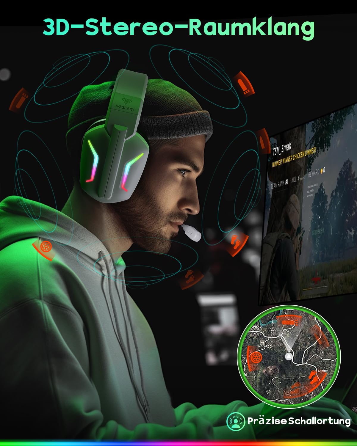 WESEARY Gaming Headset Wireless mit Mikrofon für PS5, PS4, PC, Switch, Handy, Mac, Laptop, 2,4 GHz & Bluetooth Kopfhörer mit Noise Cancelling Mikrofon, 60H Akku, LED-Licht, Faltbar, Surround Sound | 2,4 GHz & Bluetooth, Noise-Cancelling-Mikrofon, 60H Akku