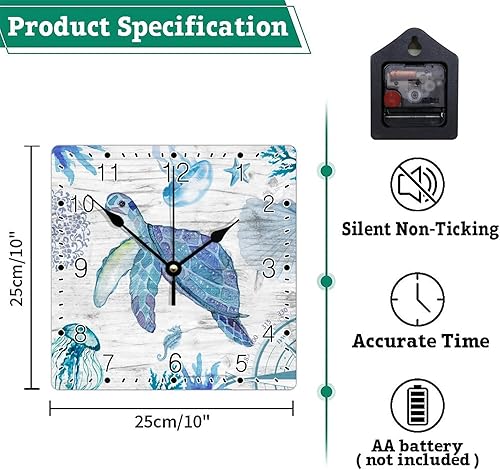 Miniatura 6 de Reloj de pared rústico de tortuga marina con estrellas de mar y estrellas de mar, decoración de playa, para verano, 10 pulgadas, grande, cuadrado,