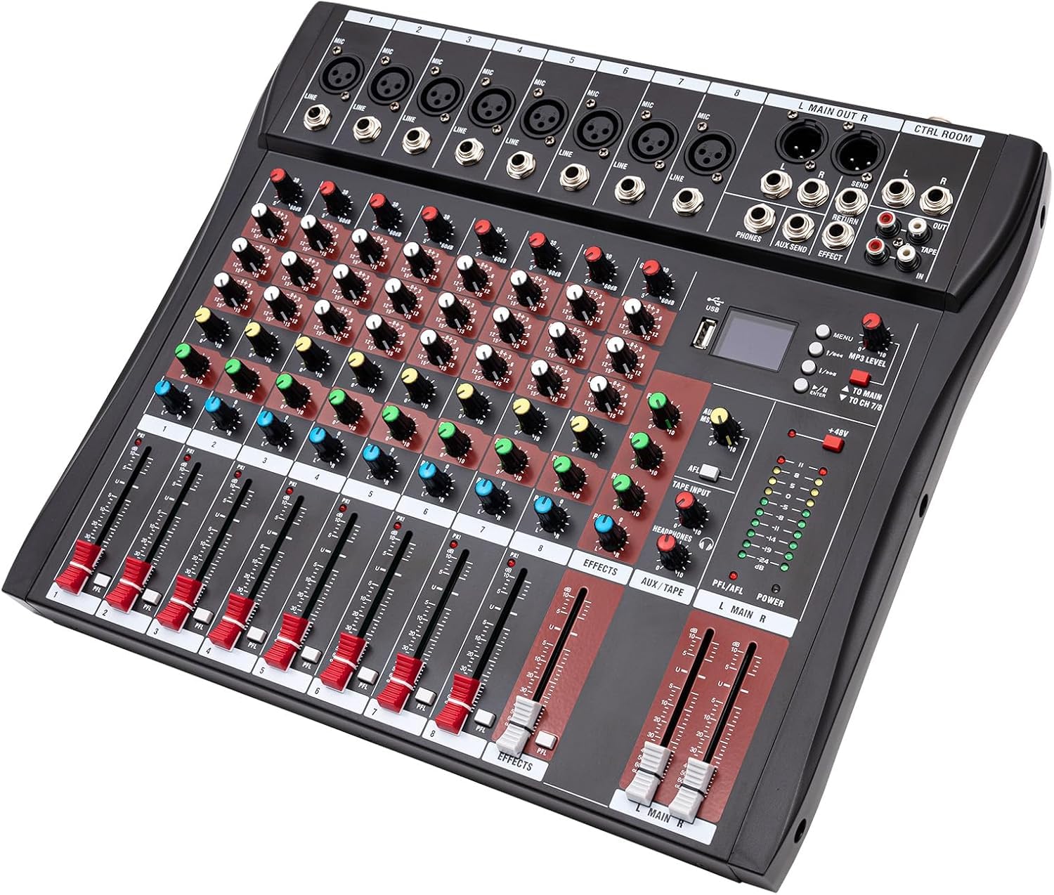Mezcladora de Audio Profesional 8 Canales con Bluetooth, USB y +48V - Diseño Ultraplano y Portátil para Estudio en Casa, Podcast y Actuaciones,8 Channel