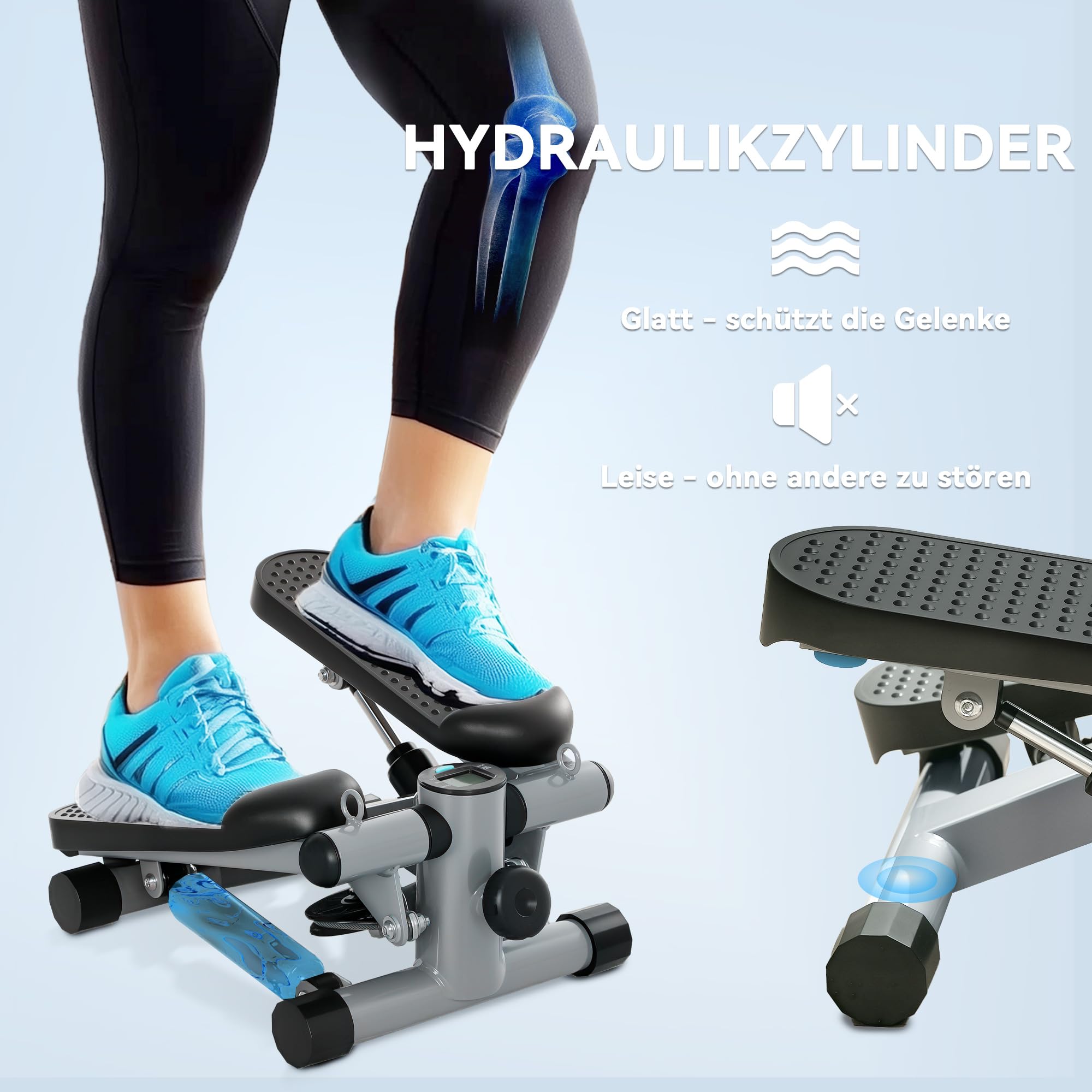 SPORTNOW 2 in 1 Mini-Stepper für Zuhause mit LCD-Display, Stepper Hometrainer mit Power Ropes, Up-Down Swing Stepper für Bein-/Armtraining bis 100 kg, Home Office Fitness Exercise, Grau